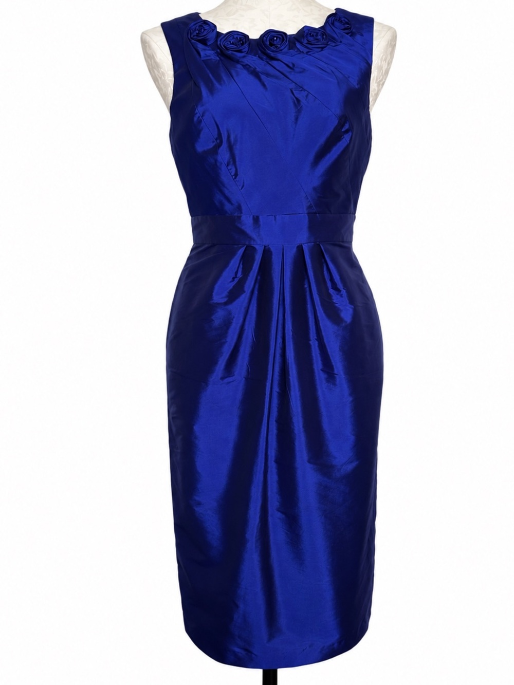 Adrianna Papell Blue Rosette Neck Sheath Cocktail Dress Size 8 Wedding Guest